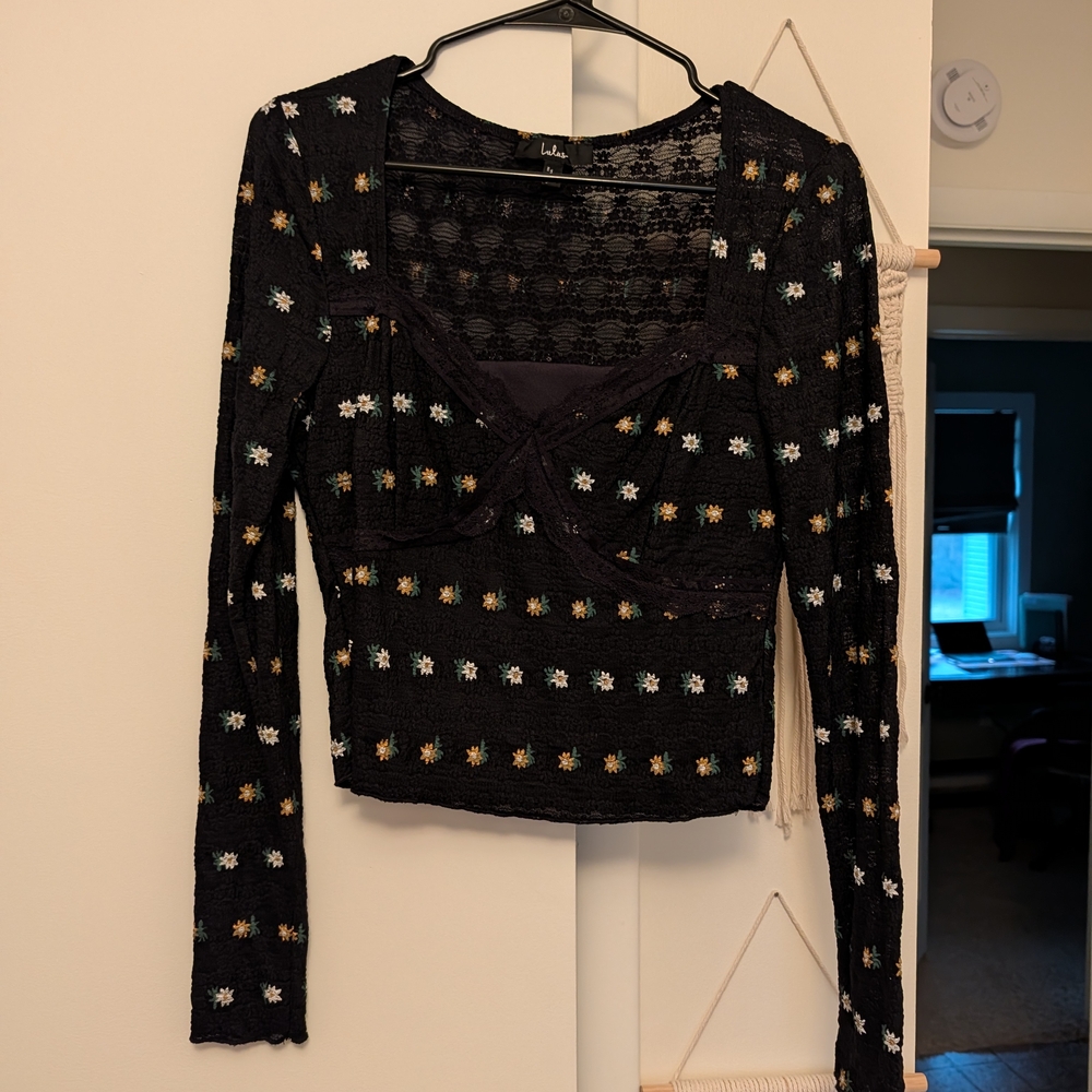 Lulu's Black Eyelet Long-Sleeve Top with Mini Floral Embroidery